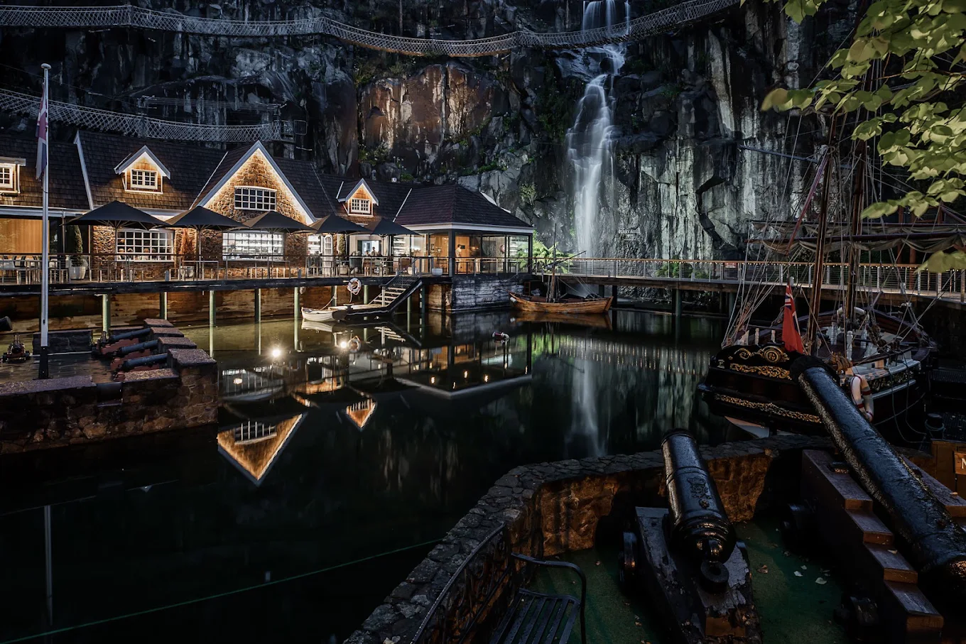 Penny Royal waterfall and precinct at night, home of Sip 'N' Dine